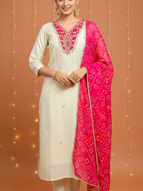 Cream 3-piece fancy suit with Bandhej applique handwork on pure tissue shimmer fabric, includes Santoon pants and pure Chinon printed dupatta – elegant ethnic wear for women, sizes M to XXL