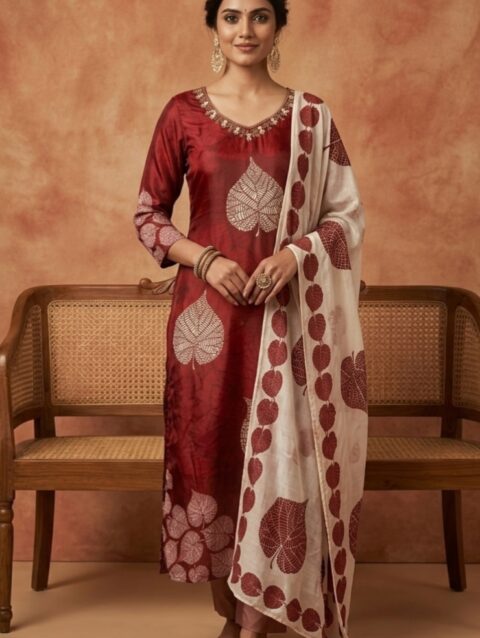 Vagmi Women Embroidered Regular Hand Work Pure H.O Silk Kurta with Trousers & With Dupatta (Maroon)